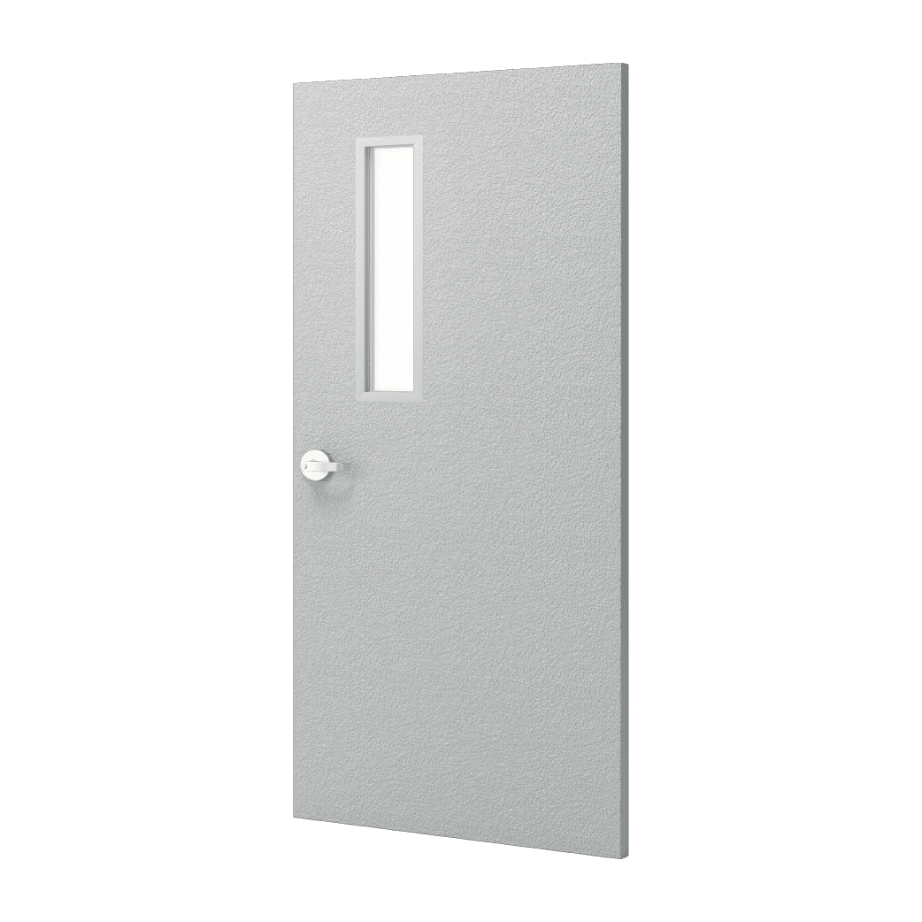 A render showing a light grey pebble texture with a half narrow lite kit (left side of upper door) and a handle.