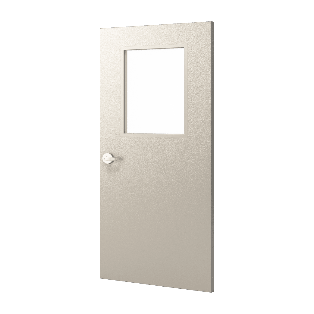 A render in beige with a pebble texture along with a recessed pull and a half lite kit.