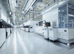 Wide Shot of Bright Advanced Semiconductor Production Fab Cleanroom with Working Overhead Wafer Transfer System