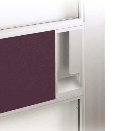 A close up of a purple and white door.