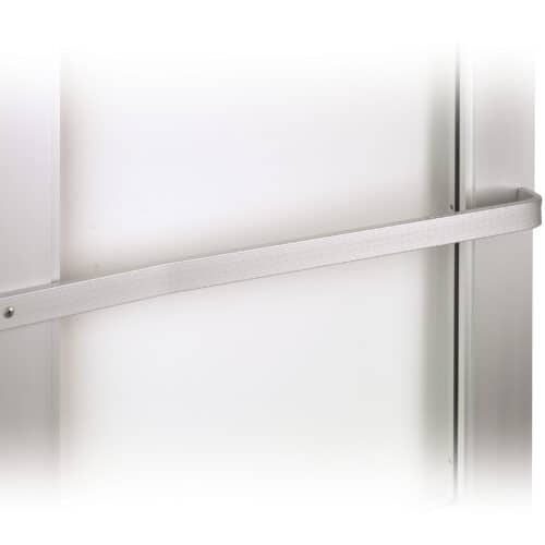 A stainless steel door handle with a white background.