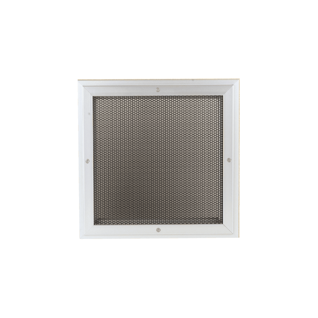 A white square mesh grille on a white background.