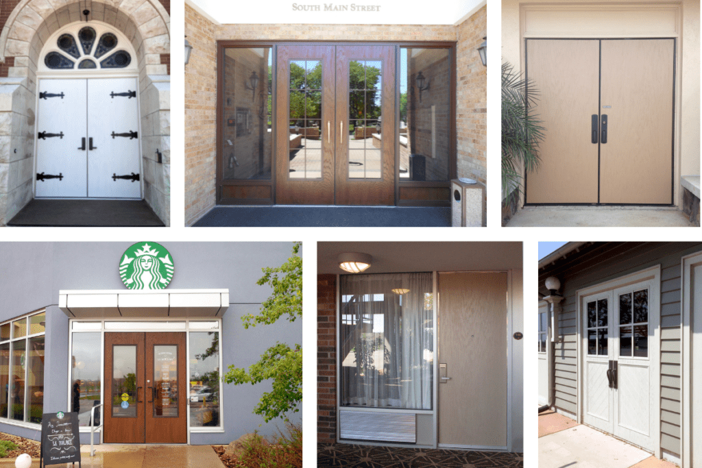 A collage of rustic wood grain doors made by Special-Lite. 