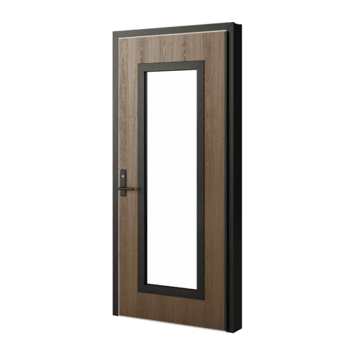 A bullet-resistant rustic wood grain fiberglass door with a full lite kit.