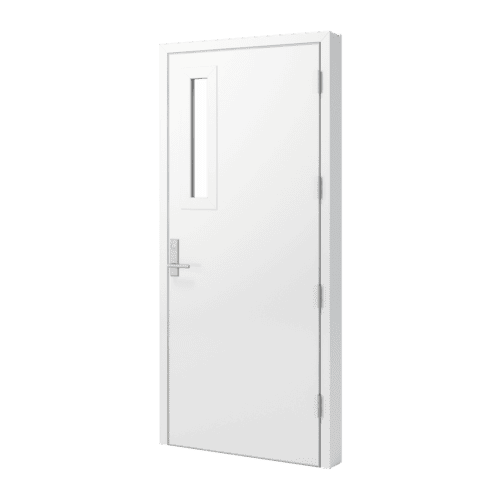A white door on a white background, featuring a Bullet-Resistant Smooth Fiberglass Door and Frame.