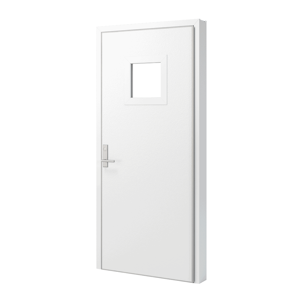 A white door render with a square window lite kit.