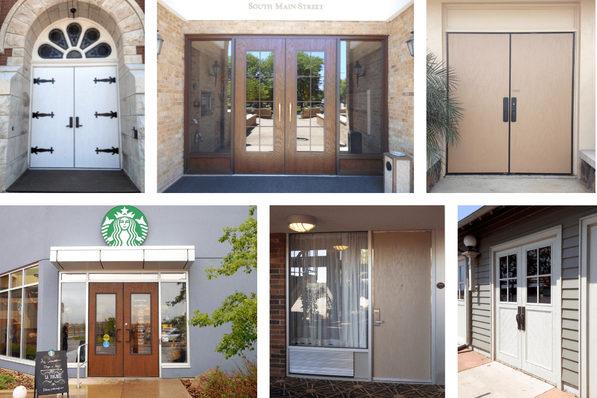 A collage of different pictures of woodgrain doors from Special-Lite.