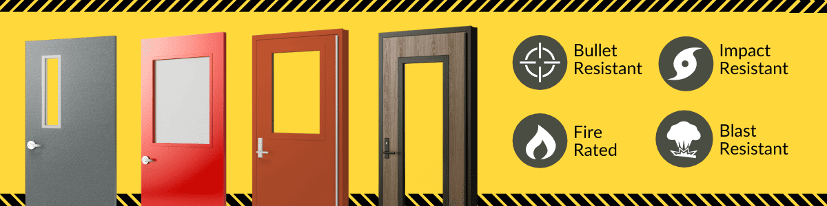 Four different types of fire doors in a yellow background, with four different rating icons.
