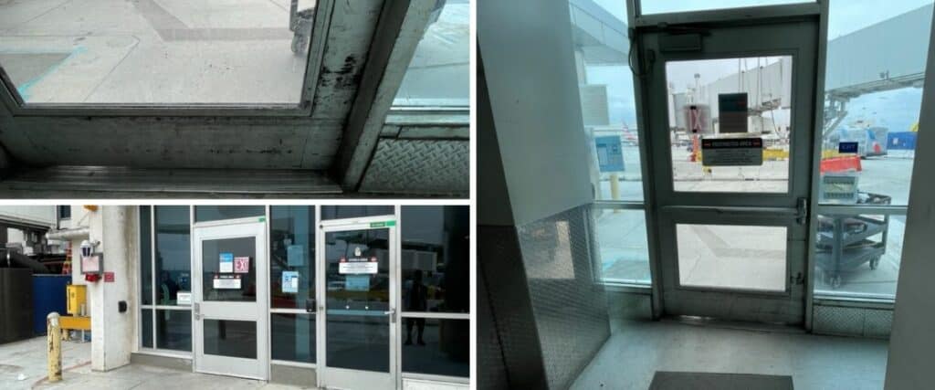 Collage of images of a door that leads  to the tarmac at an airport. 