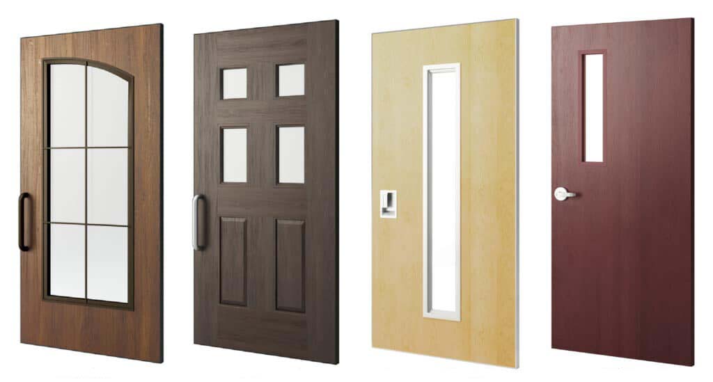 Four different types of Fiberglass Commercial Doors in different colors.