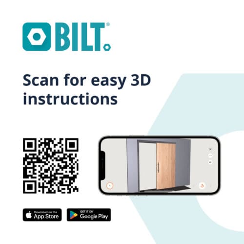 BILT app advertisement featuring a phone with a 3D instruction rendering for commercial sliding doors, a QR code to scan for detailed assembly instructions, and download options from the App Store and Google Play.