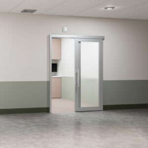 An empty room with a glass door.