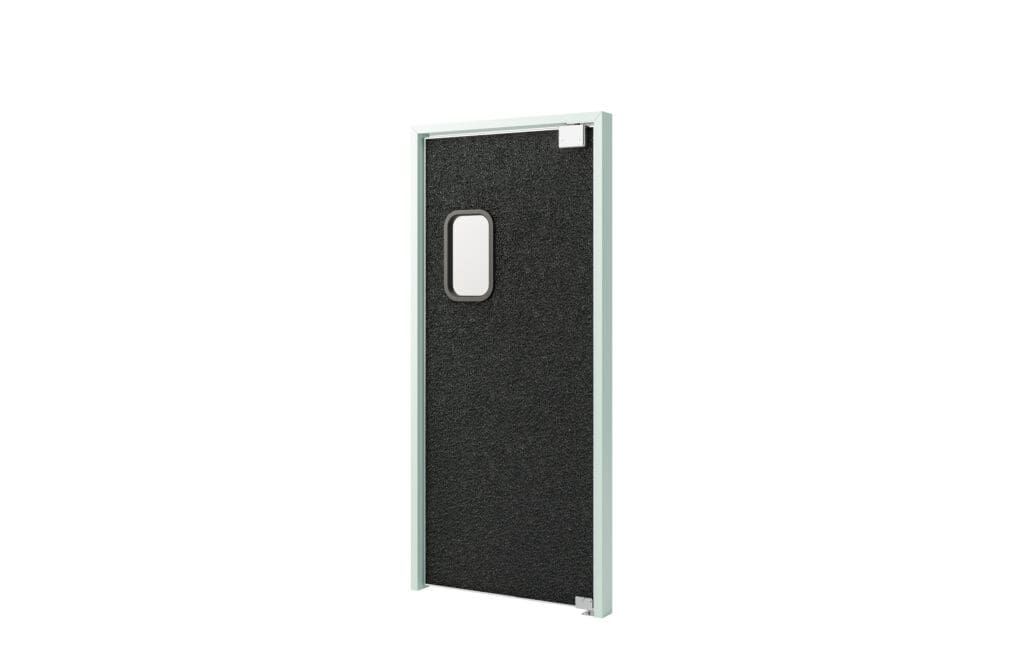 A commercial door with a black frame and a green door.