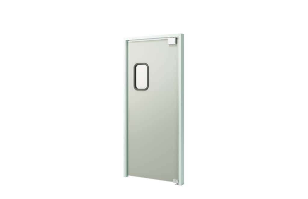 A glass door with a handle on it, suitable for interior restaurant doors.