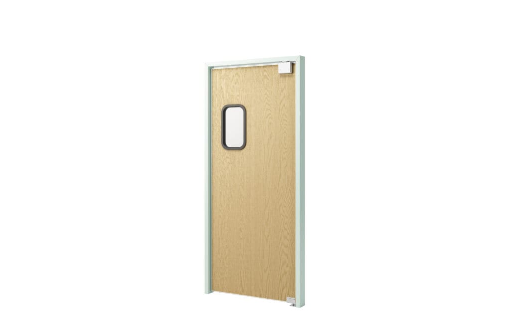 A wooden interior door on a white background.