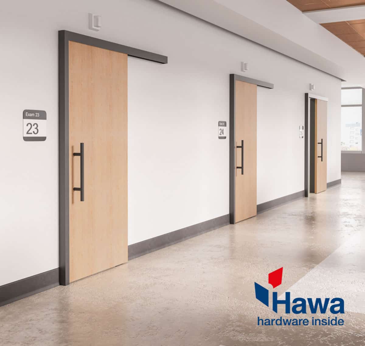 Modern office corridor with numbered wooden sliding doors featuring sleek handles and a commercial sliding door system, alongside a company logo on the wall.