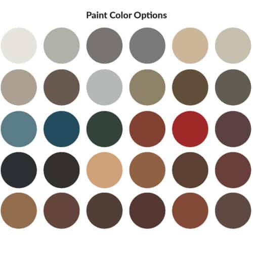 A grid of 36 paint color options with various shades of neutral and earthy tones including grays, browns, blues, greens, reds, and beiges.