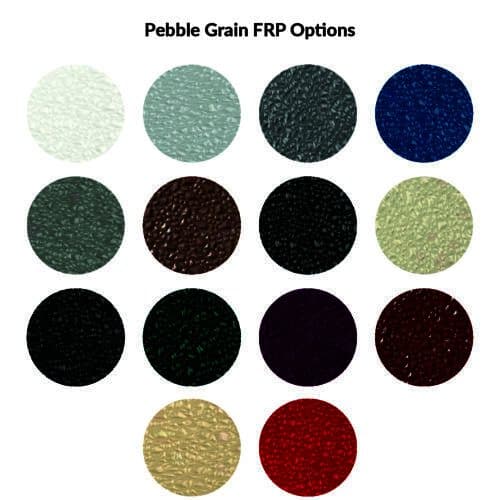 Sample colors of pebble grain FRP options, displayed in fifteen circular swatches, each showing a different color and texture pattern.