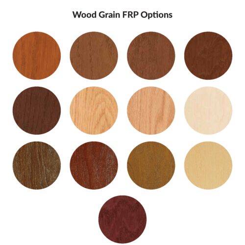 Twelve circular wood grain FRP options in various shades and textures displayed in a 3x4 grid on a white background.