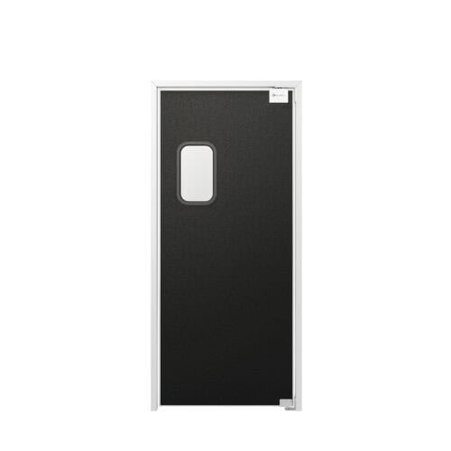 A black traffic door with a small rectangular window near the top, framed in white, and a silver handle on the upper right corner.