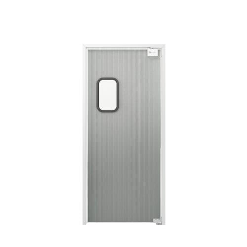 A closed, grey traffic door with a small rectangular window near the top center and a white door frame.