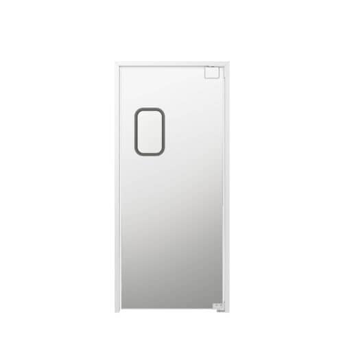 A grey traffic door with a small rectangular window in the upper half and a metal hinge at the top right corner.