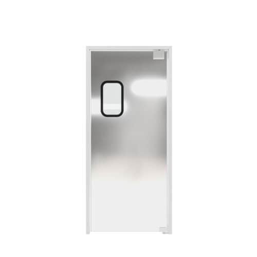 A metal traffic door with a small rectangular window located in the upper center part of the door. The door is white, features a simple design, and is closed.