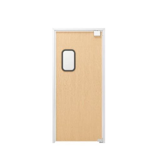 A closed wooden traffic door with a small rectangular window near the top center. The door has white frame and metal hardware.