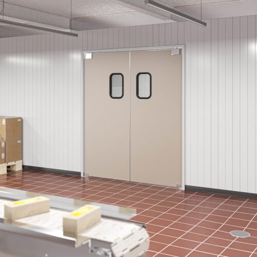 Storage room with white panel walls, red tiled floor, and a double traffic door with two small windows. Several stacks of boxes and a conveyor belt are in the foreground to the left.