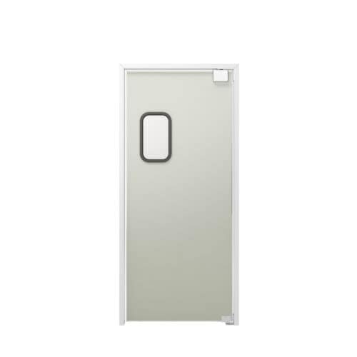 A gray swinging traffic door with a white frame and a small rectangular window near the top.