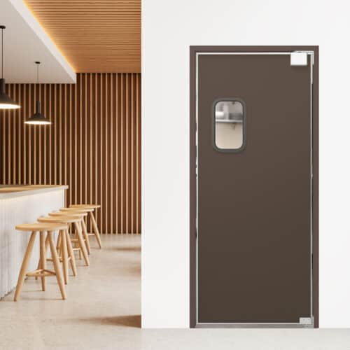 A modern interior features a brown door with a small window, a bar counter with stools, and wooden slat wall decor under pendant lights.