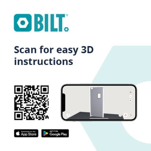         Advertisement for the BILT app, featuring a QR code and an image of a smartphone displaying 3D instructions for installing commercial traffic doors. Suggests users download from the App Store or Google Play.