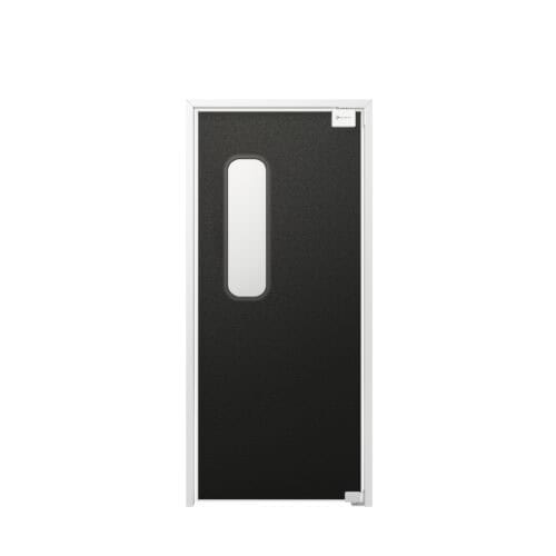 Black swinging door with a rectangular vertical window and a white frame, viewed from the front—ideal as a stylish cafe door.