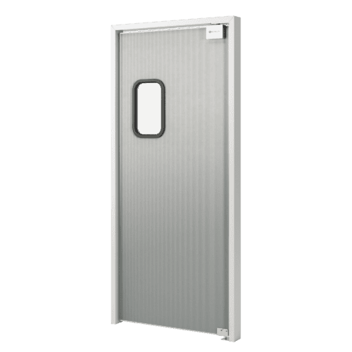 A gray metal swinging door with a small rectangular window near the top and a door closer mechanism installed on the upper frame.