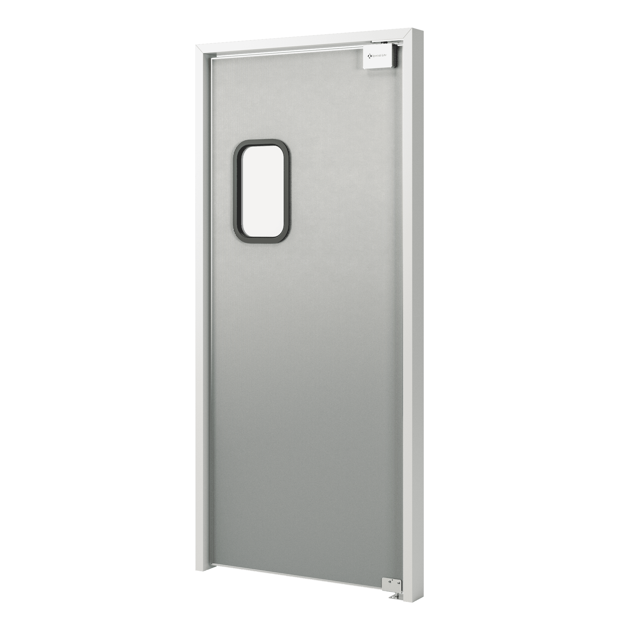 A gray metal swinging door with a small rectangular window near the top and a door closer mechanism installed on the upper frame.