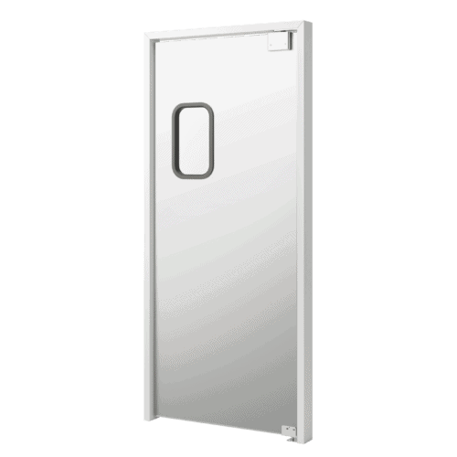 A clear glass door with a rectangular frame featuring a small, rectangular window near the top portion.