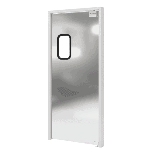 A closed, stainless steel door with a small rectangular window positioned near the top center. The frame is white and the surrounding background is white as well.