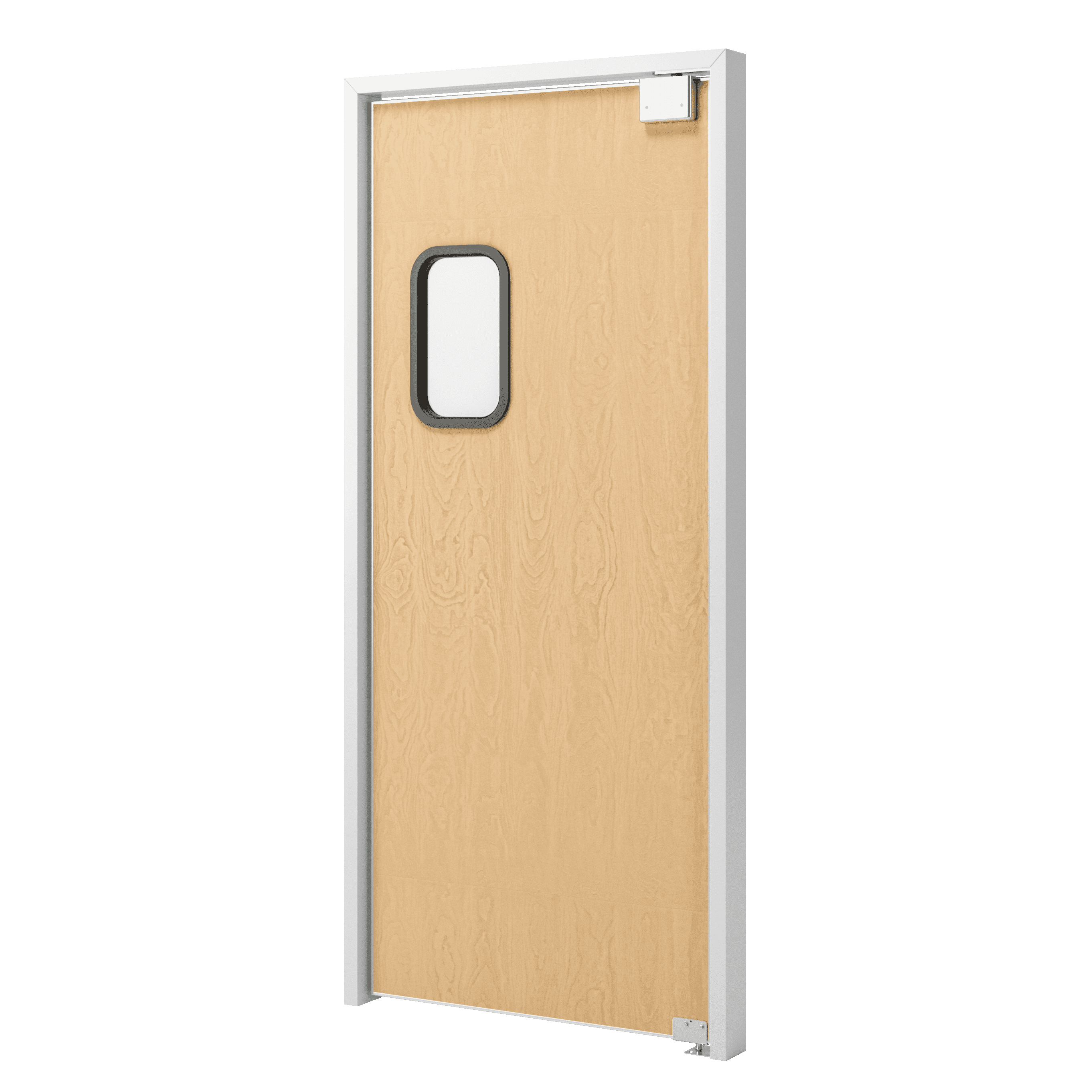 A tan wooden cafe door with a small rectangular window, placed in a white frame, and equipped with a top hinge mechanism.