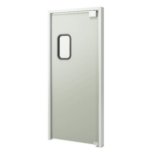 A light gray metal door with a small rectangular window near the top center, reminiscent of commercial traffic doors, features a door closure mechanism at the top right corner of the frame.