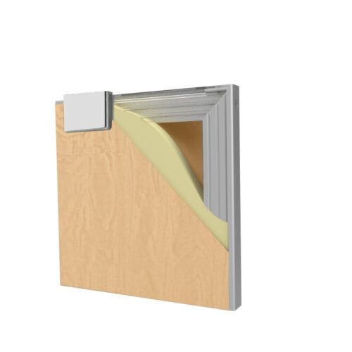 A cross-section view of an insulated door panel showing an outer wooden layer, internal insulation layer, and structural framework.