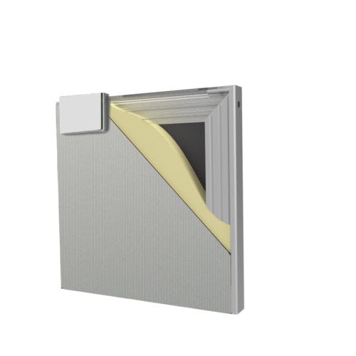 A cross-sectional view of a commercial traffic door reveals internal components, including insulation layers and structural elements. The door features a rectangular metallic exterior.