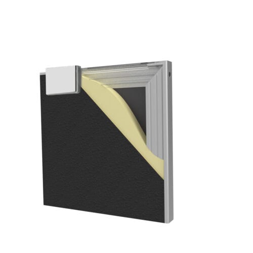 3D-rendered image of a book with a black cover, partially open, showing some pages inside. The top corner of the cover has a silver square clip, and part of the first page is folded outward like a swinging door.