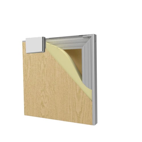 Cross-sectional view of a door with an exposed layer showing internal insulation material and framing.