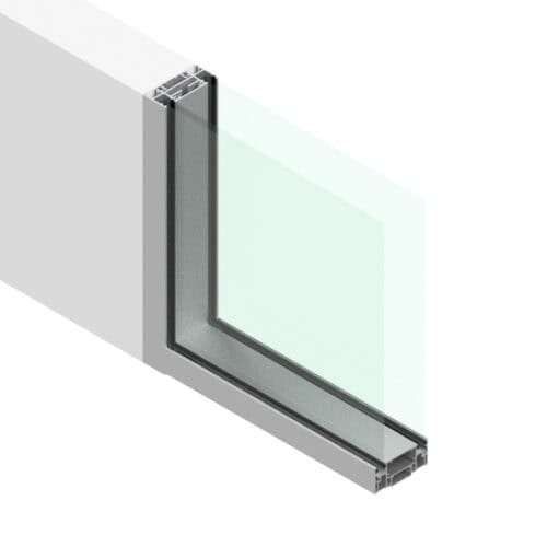 Close-up of an L-shaped glass corner window with metal frames, showcasing the cross-sectional view of its structural composition and materials, ideal for glass partition walls with enhanced privacy.