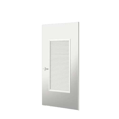 Smooth aluminum flush door with a silver handle and a rectangular vent panel in the center.