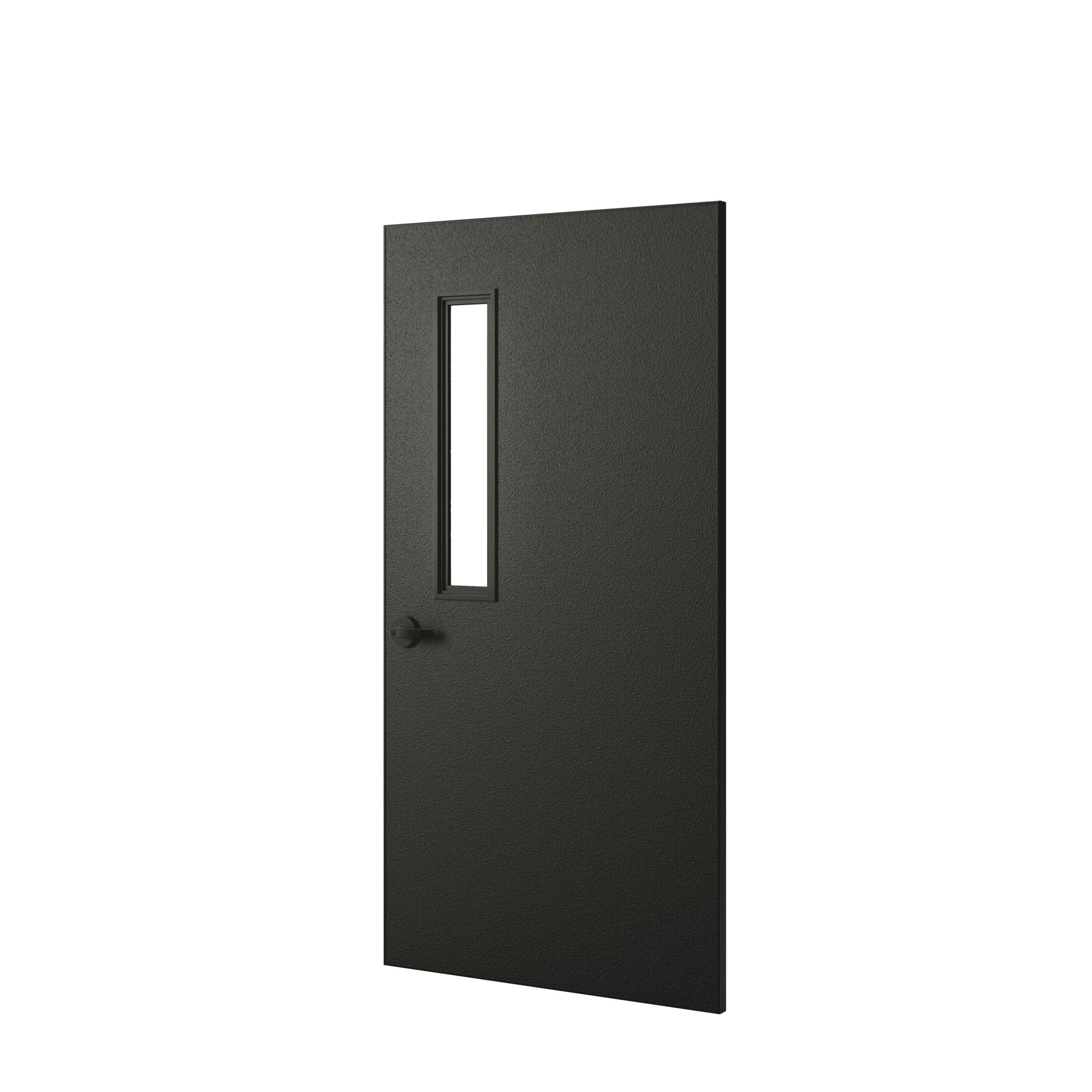 A black metal door with an embossed aluminum finish features a narrow vertical window on the upper half and a handle on the left side.