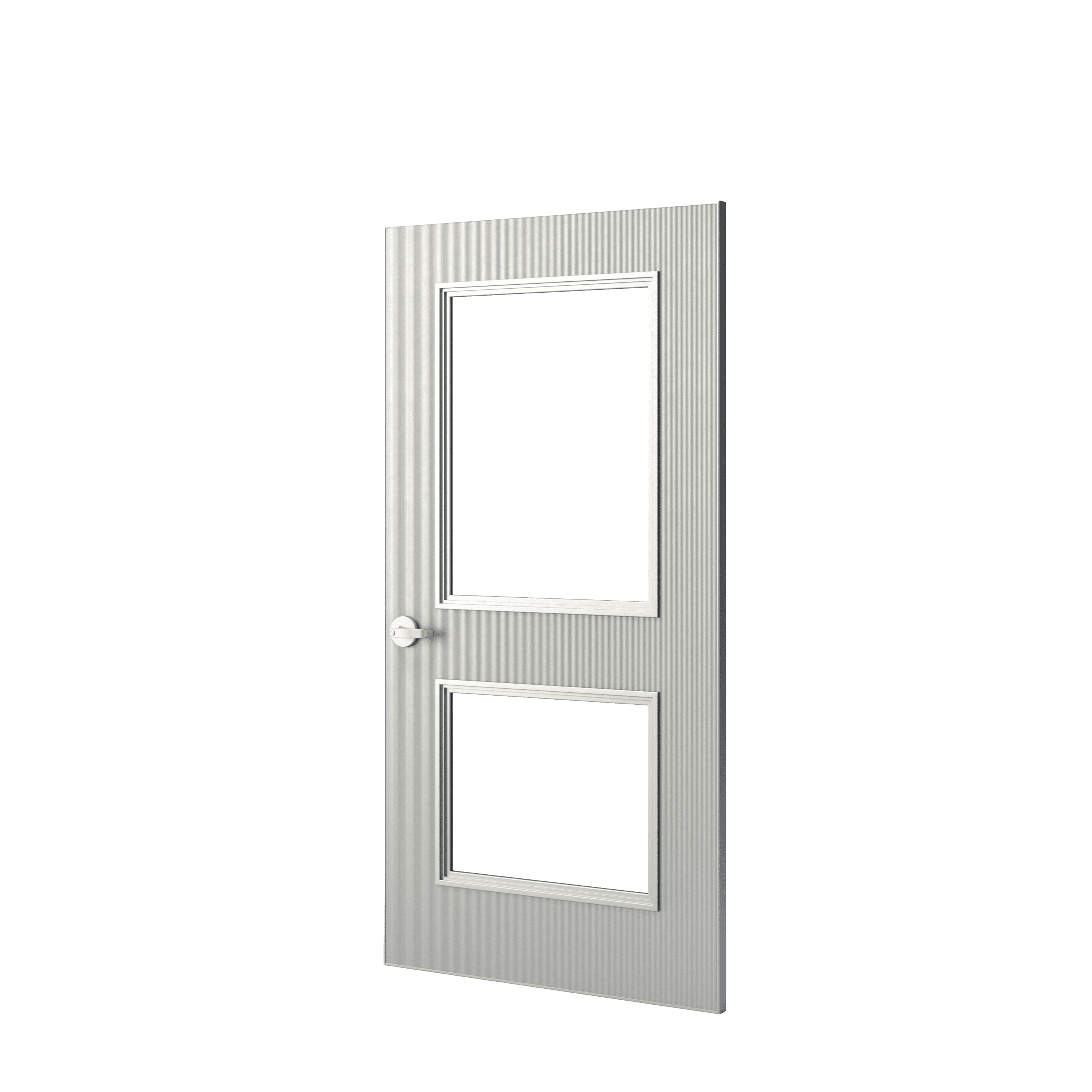 A sleek gray door featuring two rectangular glass panels and a silver handle, reminiscent of embossed aluminum flush doors, stands isolated against a white background.