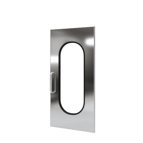 A fluted aluminum flush door features a silver metallic finish, highlighted by an oval-shaped window cutout and a handle on the left side.