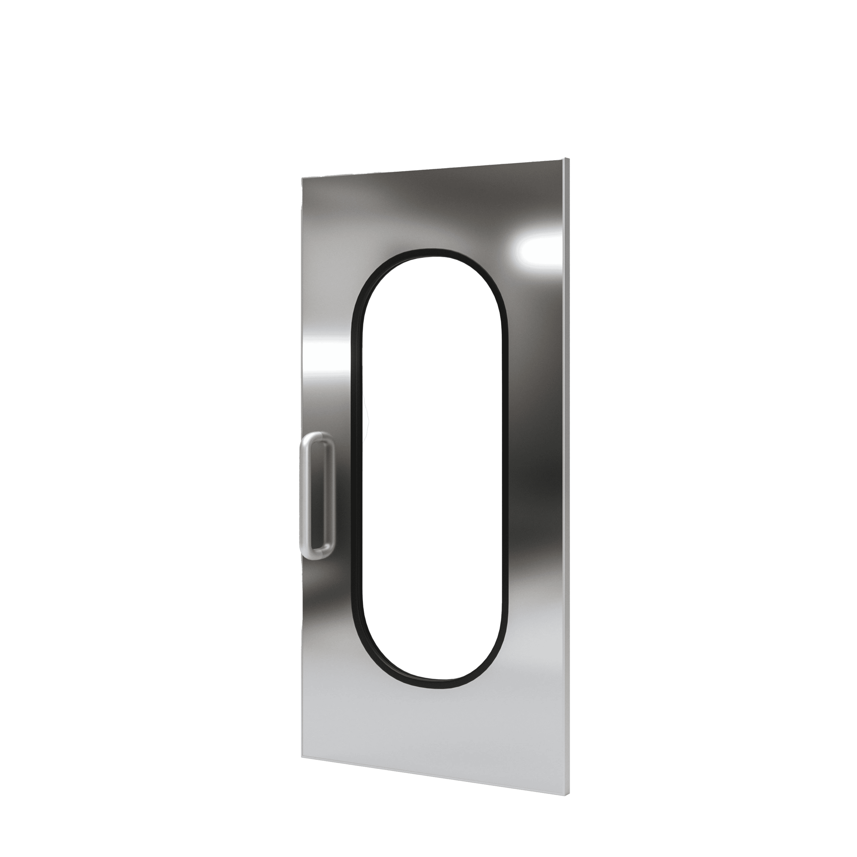 A fluted aluminum flush door features a silver metallic finish, highlighted by an oval-shaped window cutout and a handle on the left side.