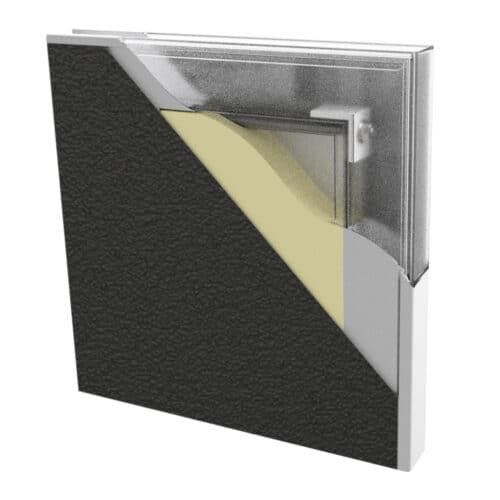 A hardback book with a black textured cover, reminiscent of stainless steel flush doors, partially reveals its interior showing layered silver and yellow pages.